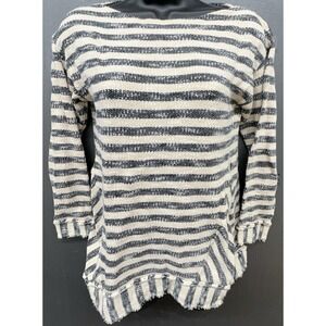 Soft Surroundings Sweater S Blue Cream Stripe Raw Hem Preppy Coastal Nautical